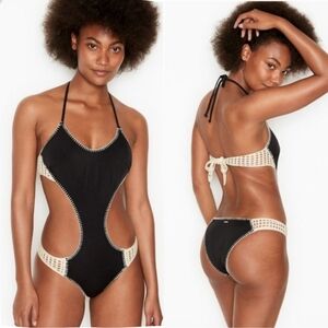 Victoria's Secret Crochet Scuba Cheeky Monokini One-Piece Swimsuit S Boho Black